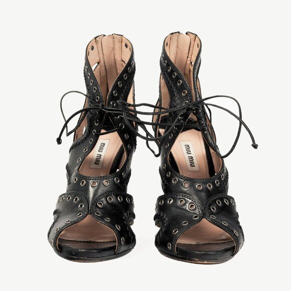Miu Miu Black Leather Grommet Lace-Up Sandals - Picture 2 of 10